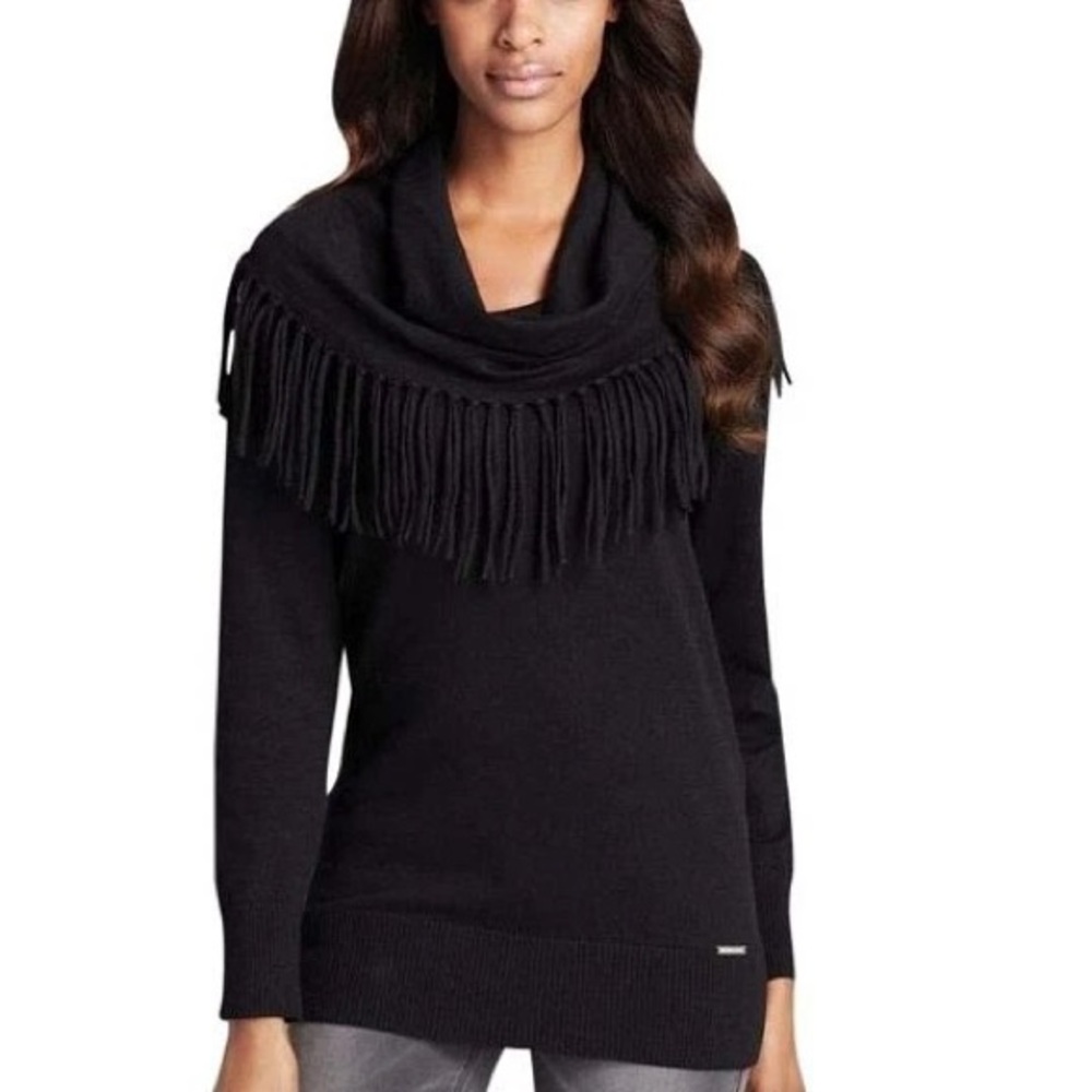 MICHAEL Michael Kors Black Fringe Cowl Neck Pullover Sweater